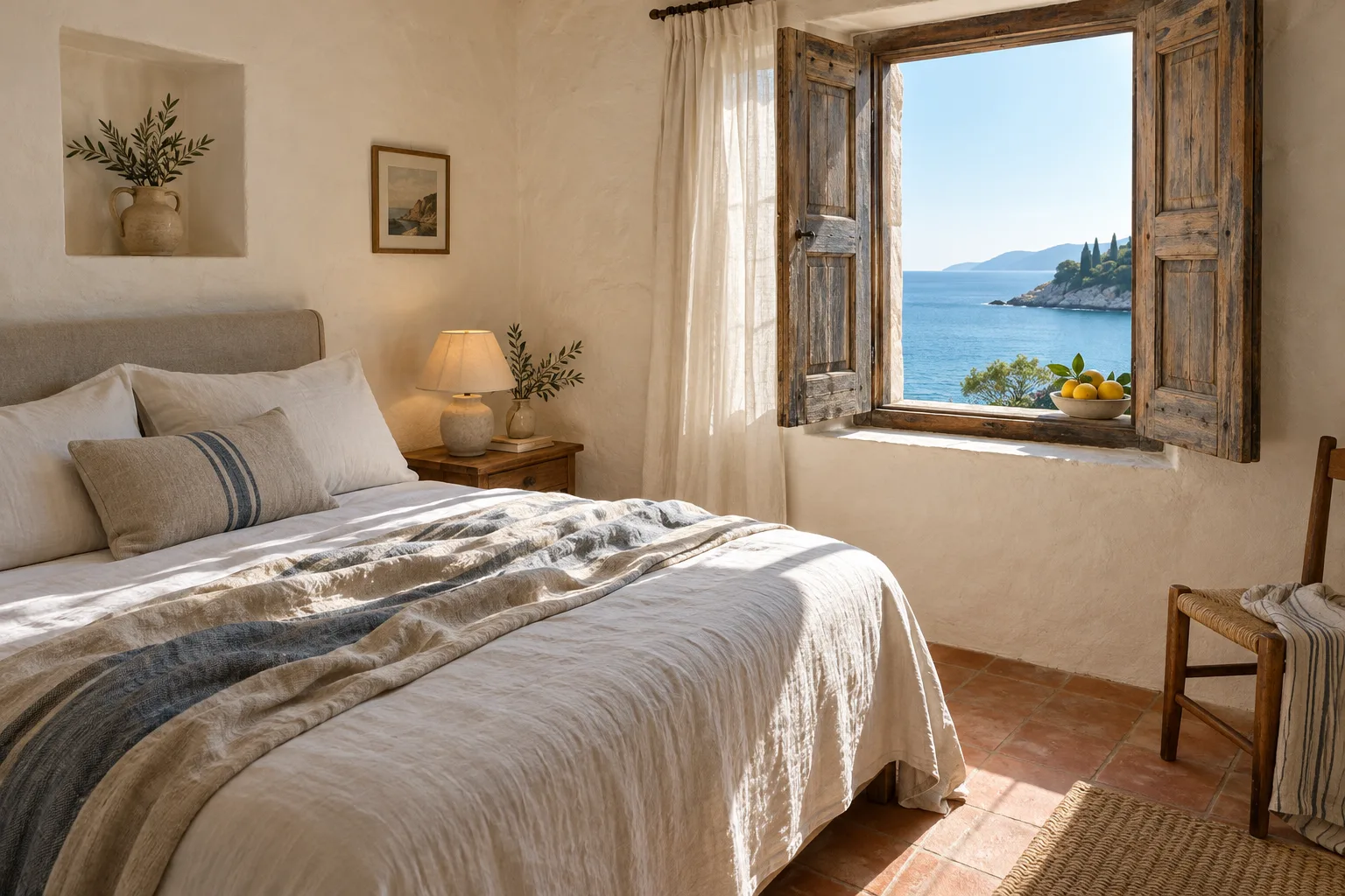 A sunny limewashed bedroom with linen bedding and an open sea-facing window
