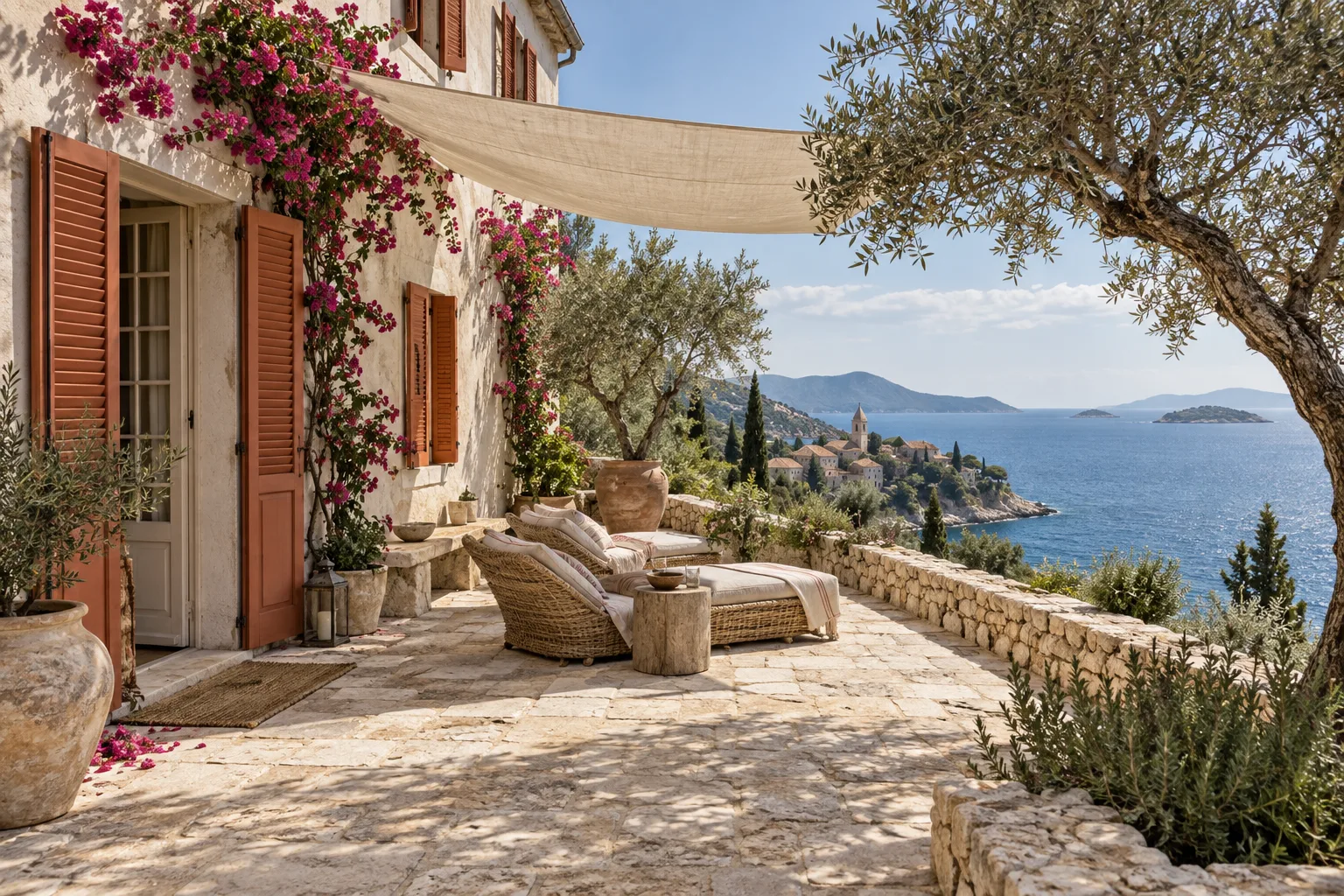 A Mediterranean house with terracotta shutters, olive trees and a sunny terrace